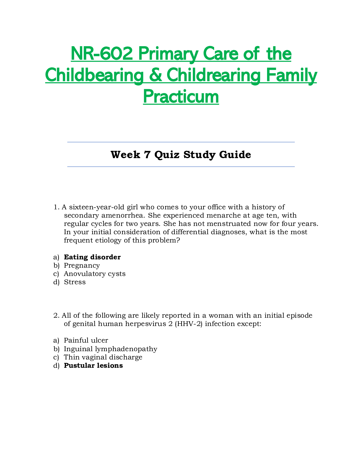 Preview of NR602 / NR-602 Week 7 Quiz Study Guide (Latest): Primary Care of the Childbearing & Childr